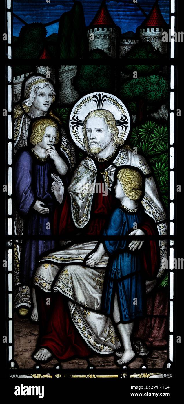 Suffer the little children stained glass in St. Mary`s Church, Barby